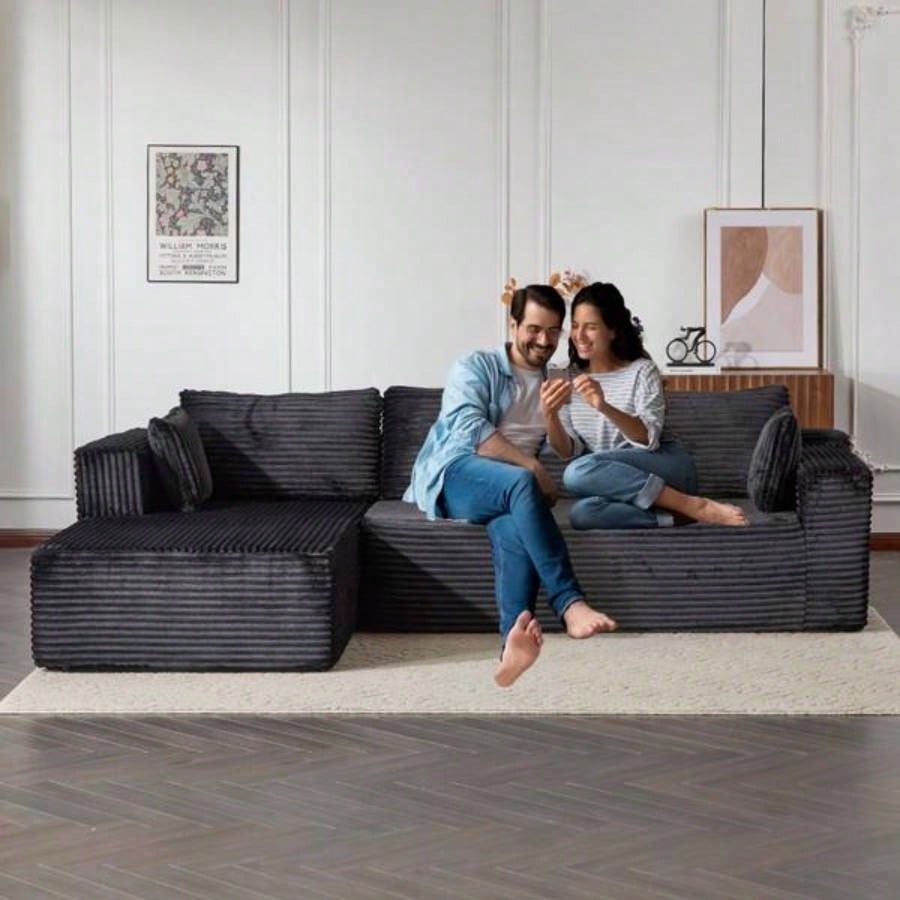 Compression Sectional Couch with Comfy Chaise, Boneless L Shape Sofa with Deep, Minimalist Modular Couches Sleeper Living Room Bedroom Apartment Lounge, corduroy, Black