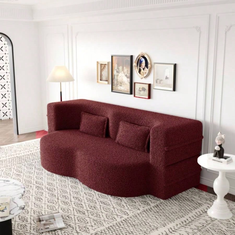 Modern Floor Sofa with 2 Pillows, Convertible Teddy Fabric Foam - Filled Sleeper Sofa Bed, 15 Full Size Folding Mattress Living Room, Guest Bed, no assembly required, Burgundy