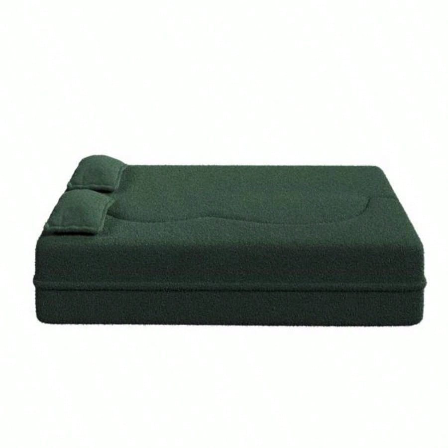 Modern Floor Sofa with 2 Pillows, Convertible Teddy Fabric Foam - Filled Sleeper Sofa Bed, 15 Full Size Folding Mattress Living Room, Guest Bed, Playroom, no assembly required, Green