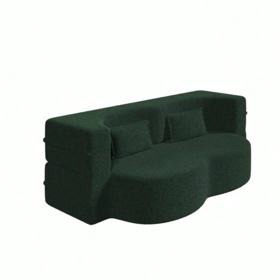Modern Floor Sofa with 2 Pillows, Convertible Teddy Fabric Foam - Filled Sleeper Sofa Bed, 15 Full Size Folding Mattress Living Room, Guest Bed, Playroom, no assembly required, Green
