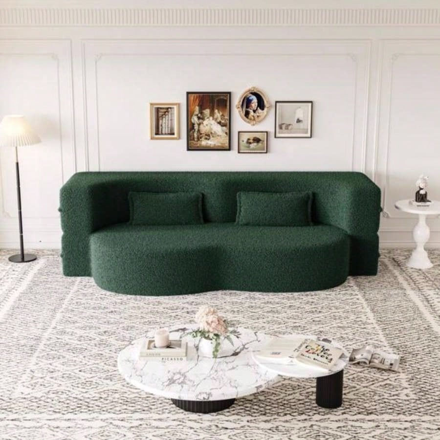 Modern Floor Sofa with 2 Pillows, Convertible Teddy Fabric Foam - Filled Sleeper Sofa Bed, 15 Full Size Folding Mattress Living Room, Guest Bed, Playroom, no assembly required, Green