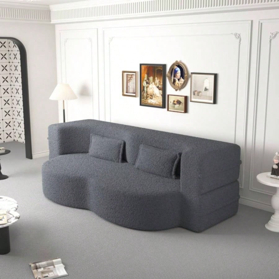 Modern Floor Sofa with 2 Pillows, Convertible Teddy Fabric Foam - Filled Sleeper Sofa Bed, 15 Full Size Folding Mattress Living Room, Guest Bed, Playroom, no assembly required,