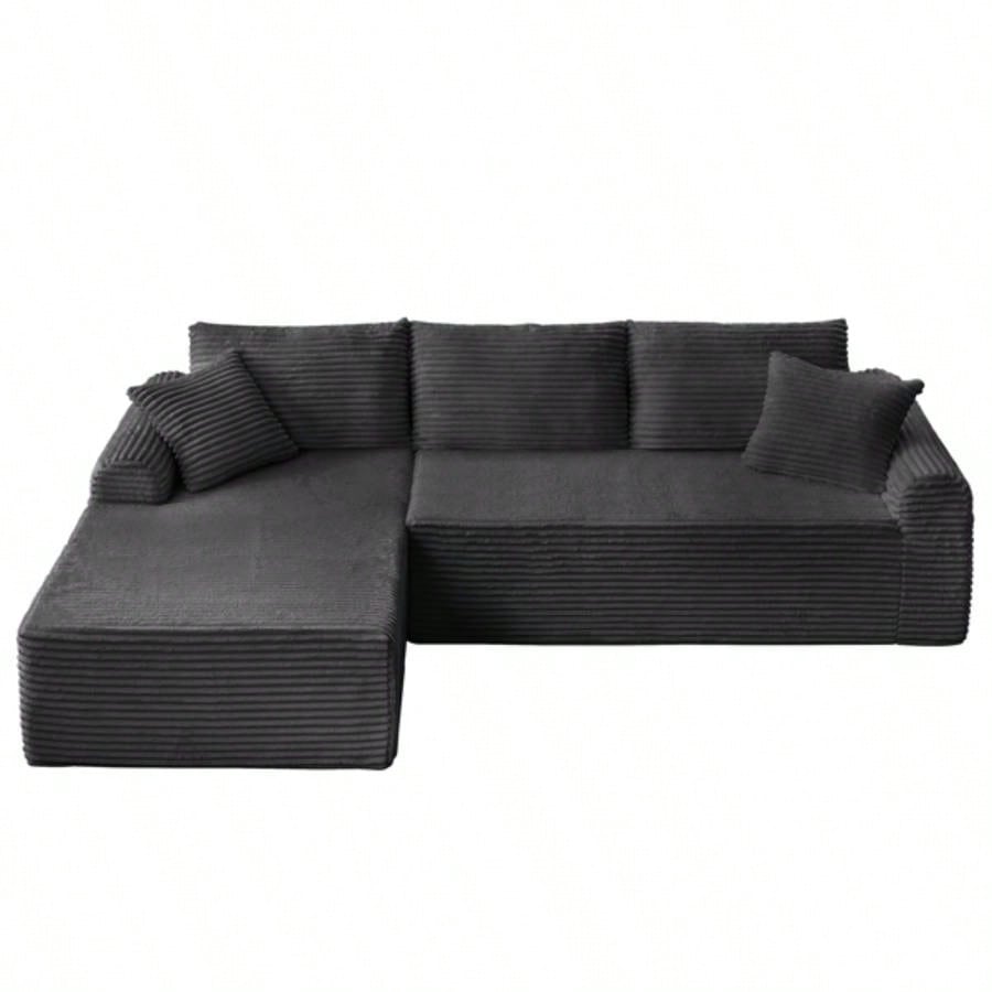 Full - Compression Chaise Lounge Set - Modular Corduroy Sectional with Arched Armrests, Non - Slip Base, Includes 3 Back Cushions 2 Throw Pillows, Right chaise longue sofa