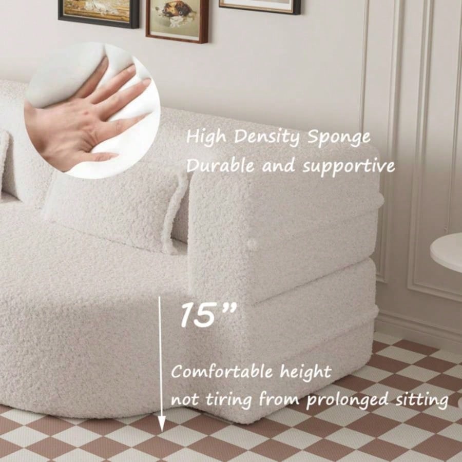 Modern Floor Sofa with 2 Pillows, Convertible Teddy Fabric Foam - Filled Sleeper Sofa Bed, 15 Full Size Folding Mattress Living Room, Guest Bed, Playroom, no assembly required, Beige