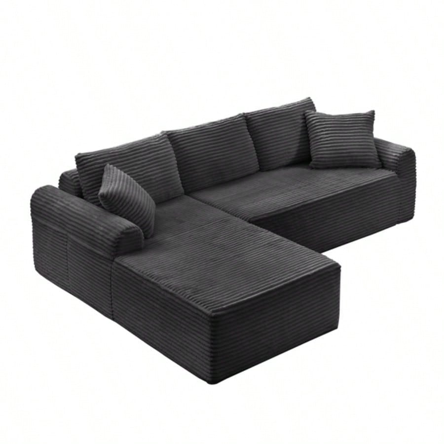 Full - Compression Chaise Lounge Set - Modular Corduroy Sectional with Arched Armrests, Non - Slip Base, Includes 3 Back Cushions 2 Throw Pillows, Right chaise longue sofa