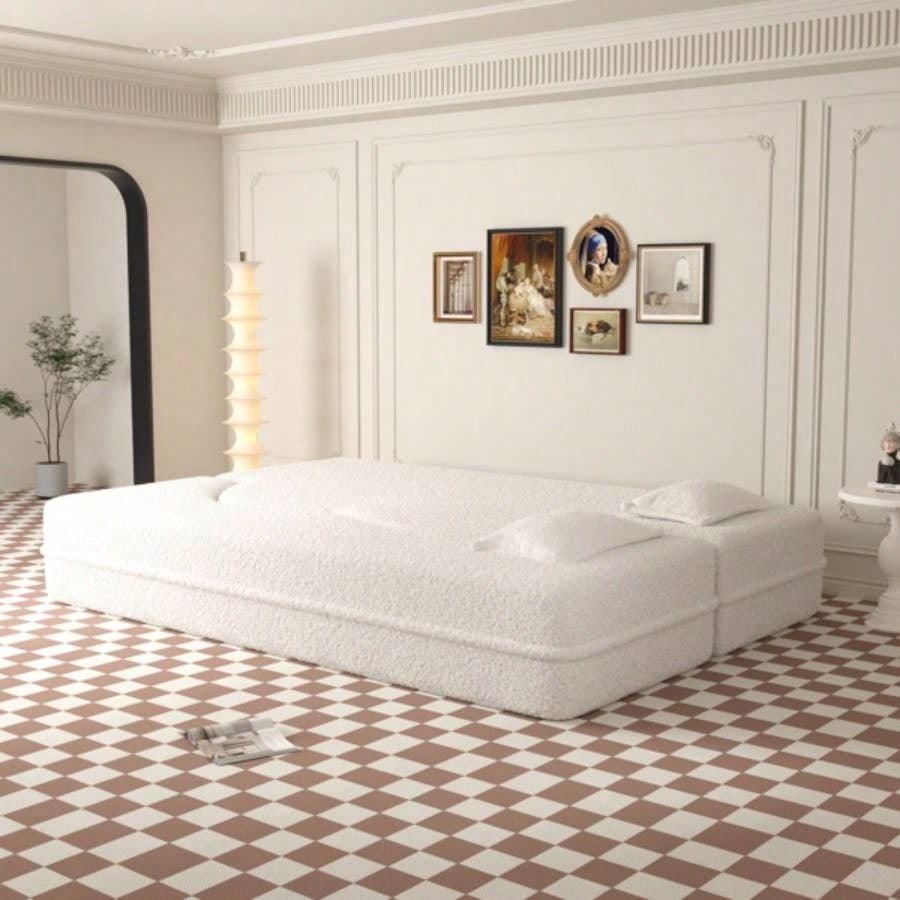 Modern Floor Sofa with 2 Pillows, Convertible Teddy Fabric Foam - Filled Sleeper Sofa Bed, 15 Full Size Folding Mattress Living Room, Guest Bed, Playroom, no assembly required, Beige