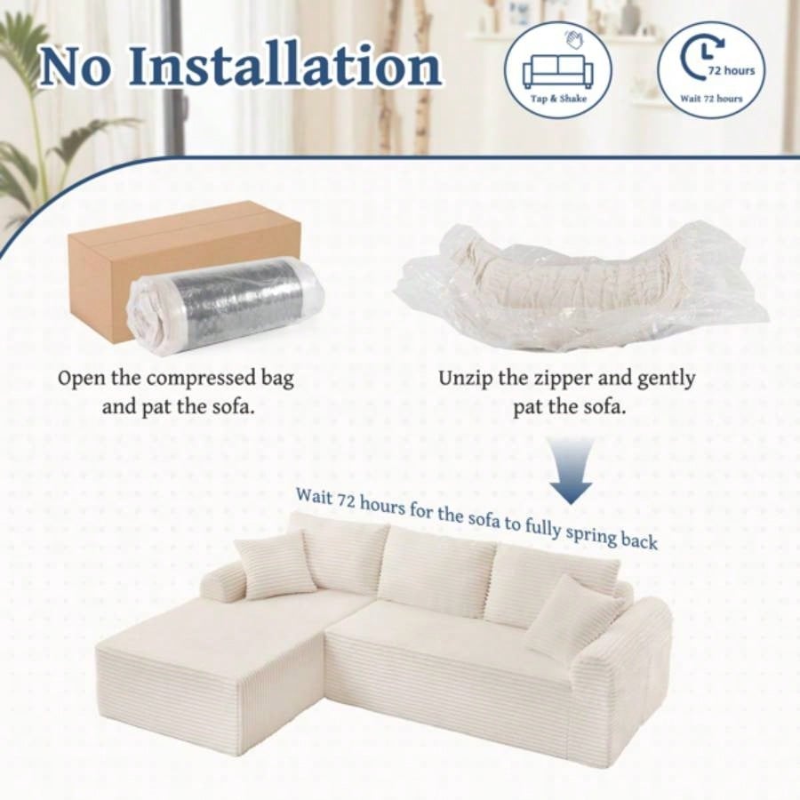 Full - Compression Chaise Lounge Set - Modular Corduroy Sectional with Arched Armrests, Non - Slip Base, Includes 3 Back Cushions 2 Throw Pillows, Right chaise longue sofa
