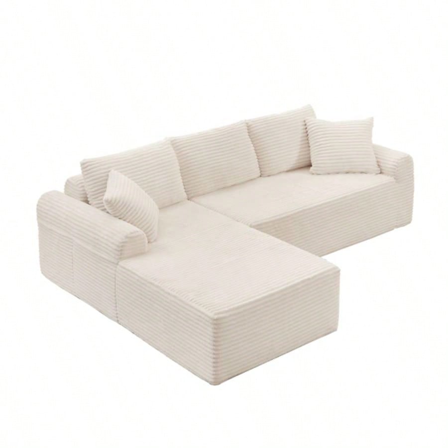 Full - Compression Chaise Lounge Set - Modular Corduroy Sectional with Arched Armrests, Non - Slip Base, Includes 3 Back Cushions 2 Throw Pillows, Right chaise longue sofa