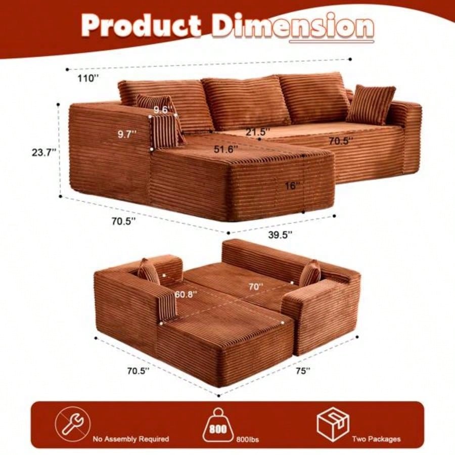 Compression Sectional Couch with Comfy Chaise, Boneless L Shape Sofa with Deep, Minimalist Modular Couches Sleeper Living Room Bedroom Apartment Lounge, Corduroy, Brown
