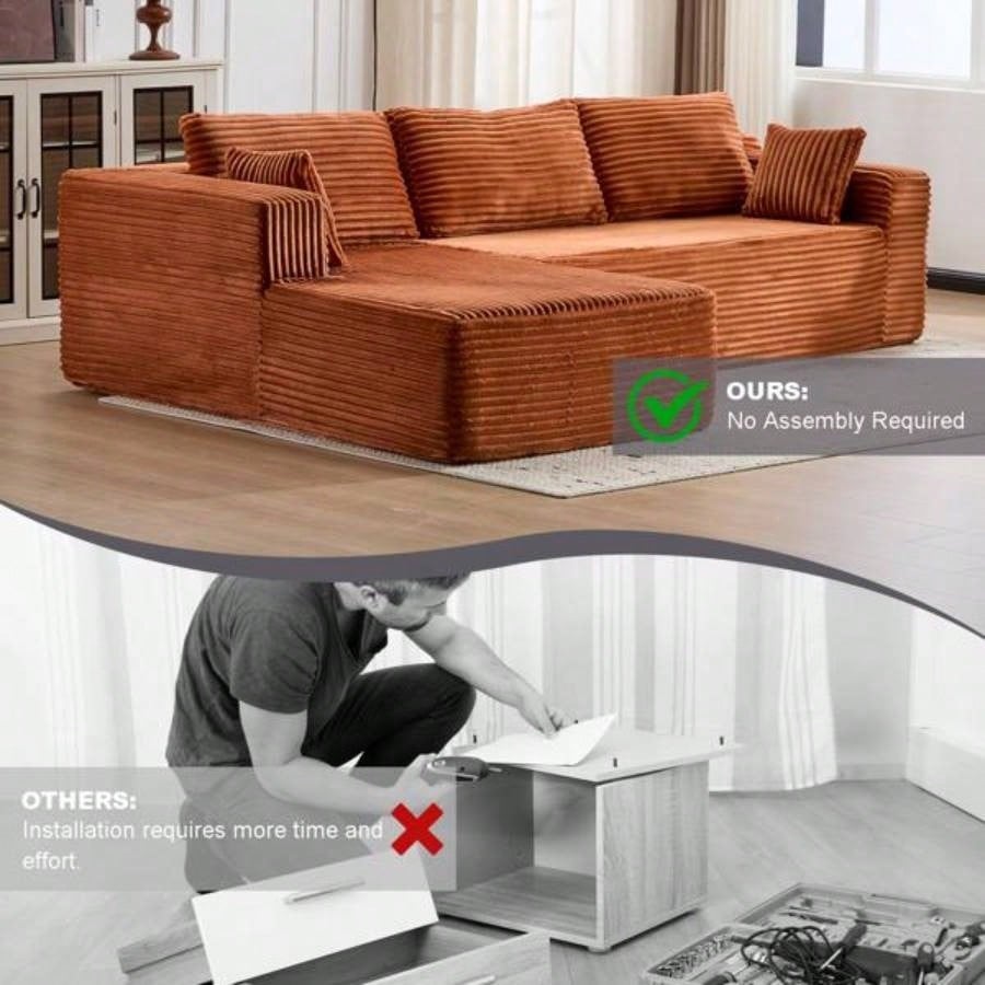 Compression Sectional Couch with Comfy Chaise, Boneless L Shape Sofa with Deep, Minimalist Modular Couches Sleeper Living Room Bedroom Apartment Lounge, Corduroy, Brown