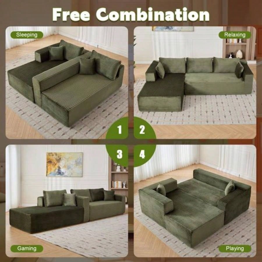 Compression Sectional Couch with Comfy Chaise, Boneless L Shape Sofa with Deep, Minimalist Modular Couches Sleeper Living Room Bedroom Apartment Lounge, corduroy, corduroyGreen