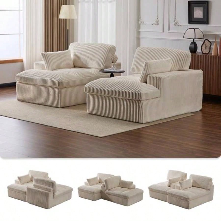 Double Chaise Lounge Chair Indoor, Oversized Upholstered Sleeper Cloud Couch, Deep Luxury Sofa Bed, Sectional Sofa Chaise Love - Corduroy Reading Chair Living Room, No Assembly Required, White