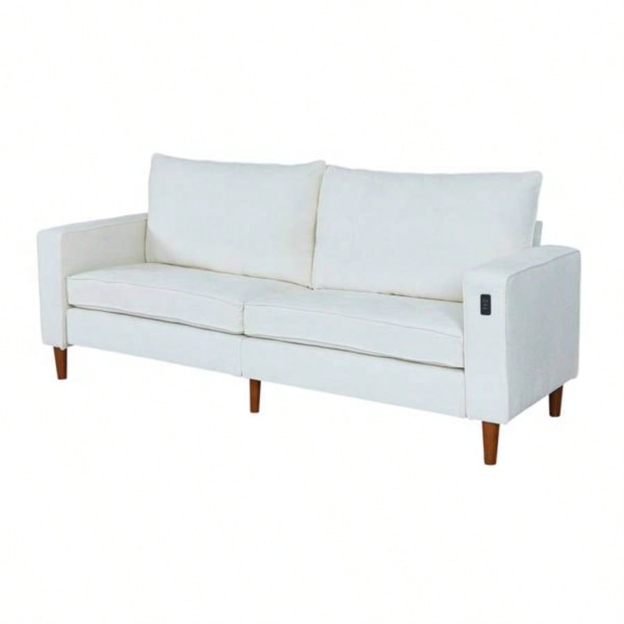 White Corduroy, Modern Style Solid Color Sofa Including USB interface Multi - Person Sofa, Suitable Living Room And Office