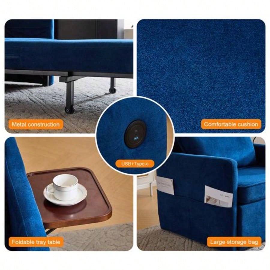 Adult Sleeper Chair Bed, 3 - in - 1 Convertible Sofa Chair Bed Pull - out Sofa Bed, Convenient Folding Tray Table with USB and Type - C Charging Ports Living Room, BLUE, Fabric