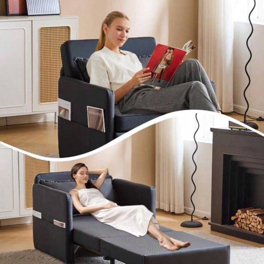 Adult Sleeper Chair Bed, 3 - in - 1 Convertible Sofa Chair Bed Pull - out Sofa Bed, Convenient Folding Tray Table with USB and Type - C Charging Ports Living Room, BLACK, Leather