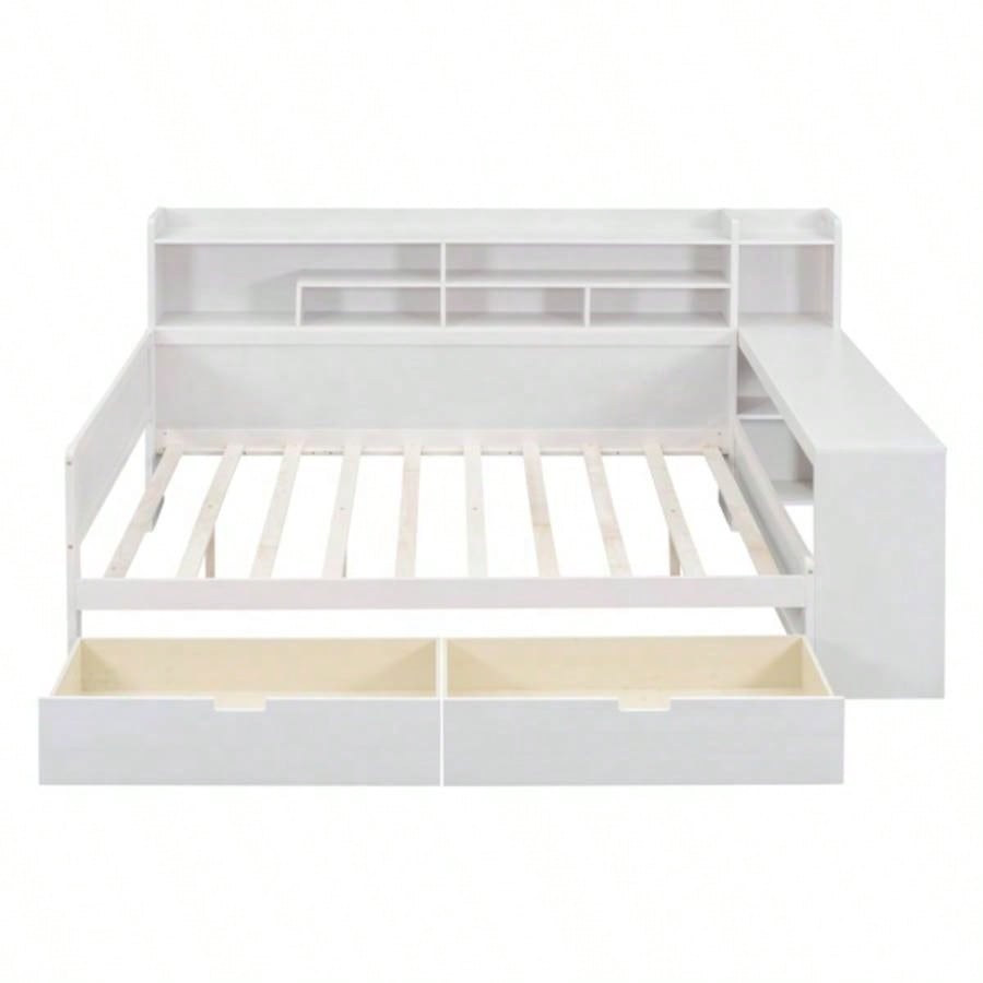 Wooden Full Size Daybed with Storage Shelves, Multi - functional Bed with Two Storage Drawers and Study Desk, Antique White