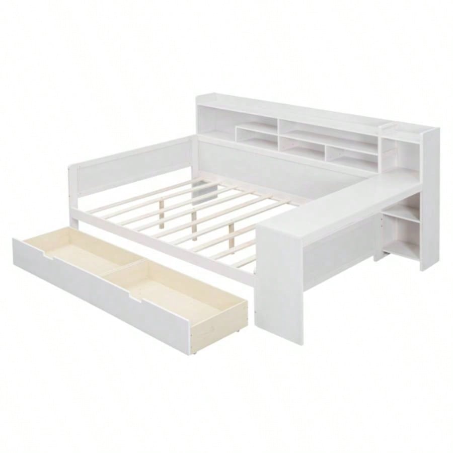 Wooden Full Size Daybed with Storage Shelves, Multi - functional Bed with Two Storage Drawers and Study Desk, Antique White
