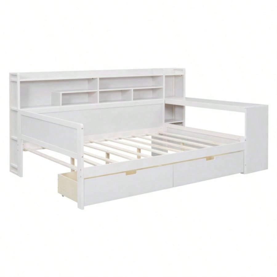 Wooden Full Size Daybed with Storage Shelves, Multi - functional Bed with Two Storage Drawers and Study Desk, Antique White
