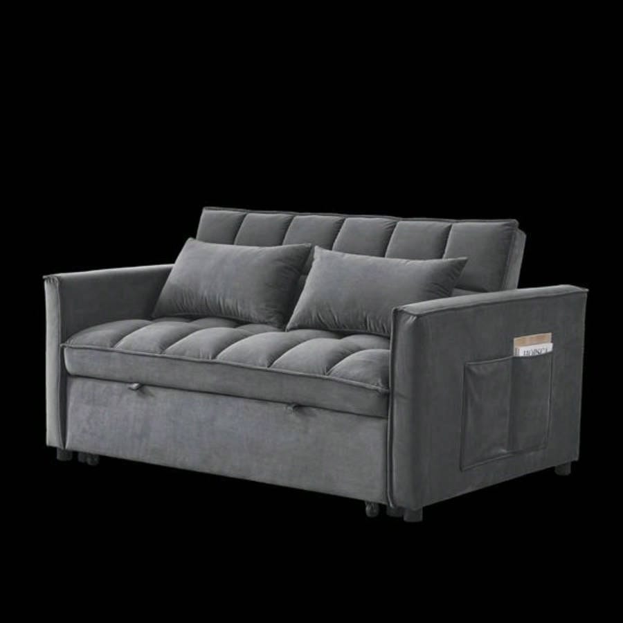 Sleeper Sofa, Convertible Sofa, Recliner, Bed, 3 - in - 1, 3 - Position Adjustable Backrest, 2 - Seater Sectional, Two Side Pockets, 2 Pillows Living Room, Apartment, etc. Velvet Beige 54 Wide.