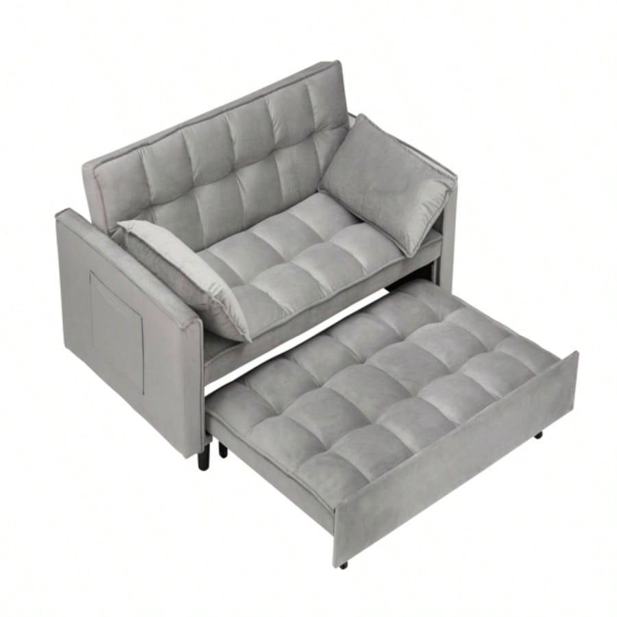Modern Velvet Loveseat Futon Sofa Couch Pullout Bed, Small Love Lounge Sofa/Reclining Backrest, Toss Pillows, Pockets, Furniture Living Room, 3 in 1 Convertible Sleeper Sofa Bed, Gra