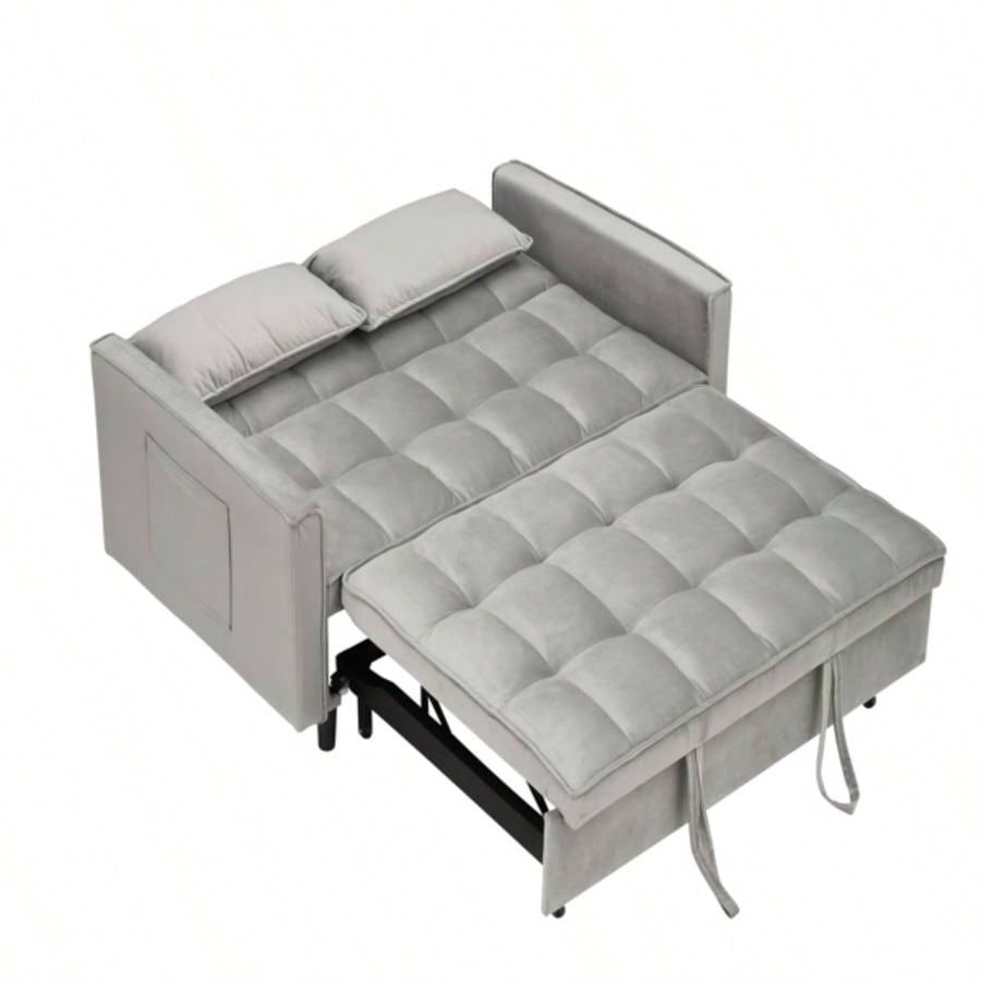 Modern Velvet Loveseat Futon Sofa Couch Pullout Bed, Small Love Lounge Sofa/Reclining Backrest, Toss Pillows, Pockets, Furniture Living Room, 3 in 1 Convertible Sleeper Sofa Bed, Gra