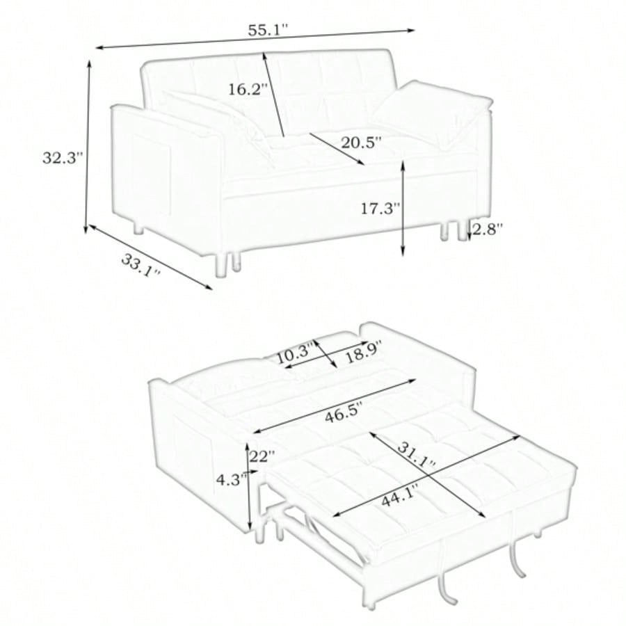 Modern velvet sofa, sofa pull - out bed, small love casual sofa with back, with pillow, pockets, living room furniture, 3 in 1 convertible sleep sofa bed