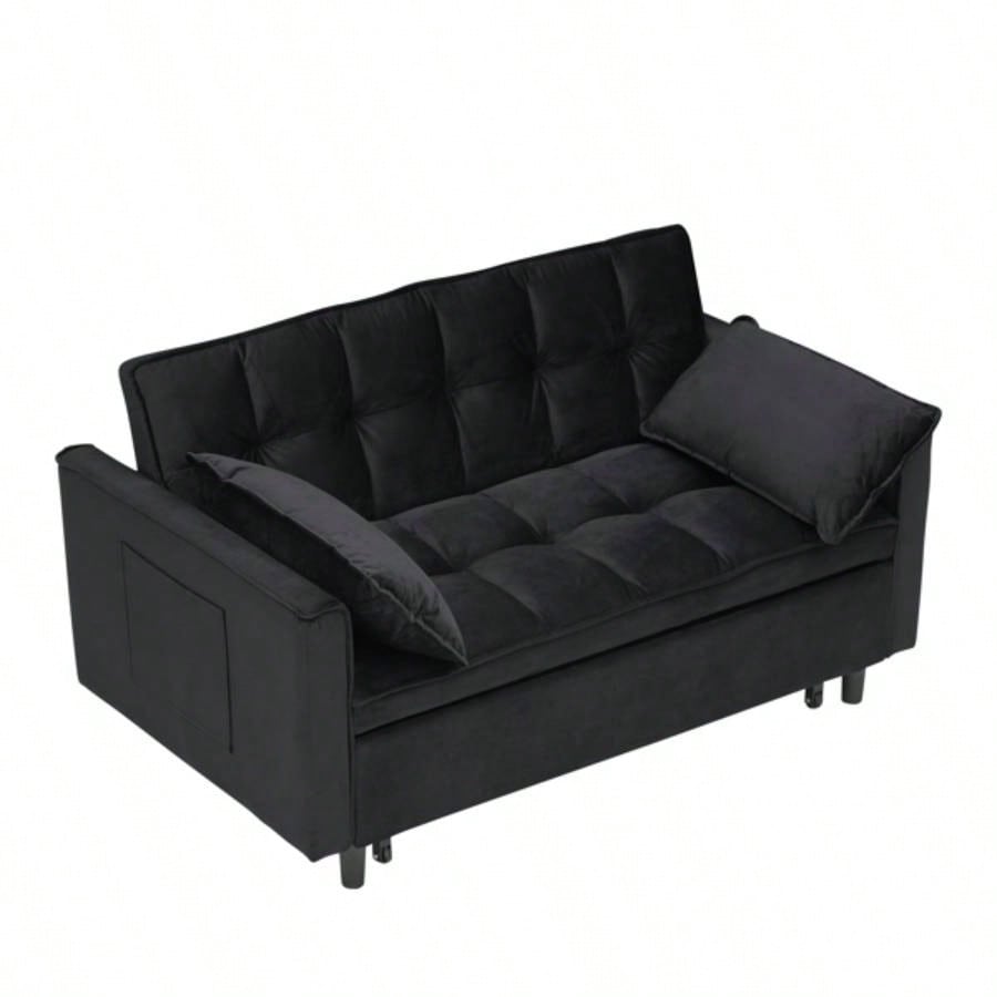 Modern velvet sofa, sofa pull - out bed, small love casual sofa with back, with pillow, pockets, living room furniture, 3 in 1 convertible sleep sofa bed