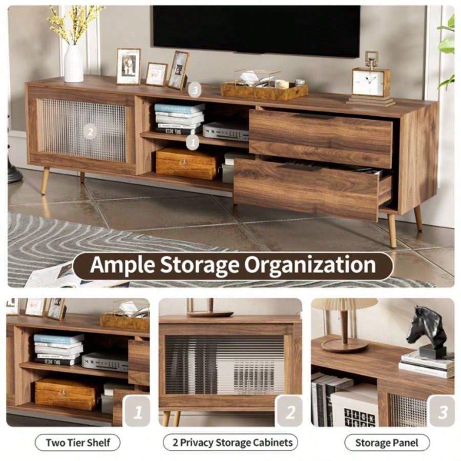 Modern TV Stand 75 TV, TV Console with 2 Glass Doors, Entertainment Center with 2 Drawers Storage Cabinet, 70 Media Console Table Living Room, Bedroom
