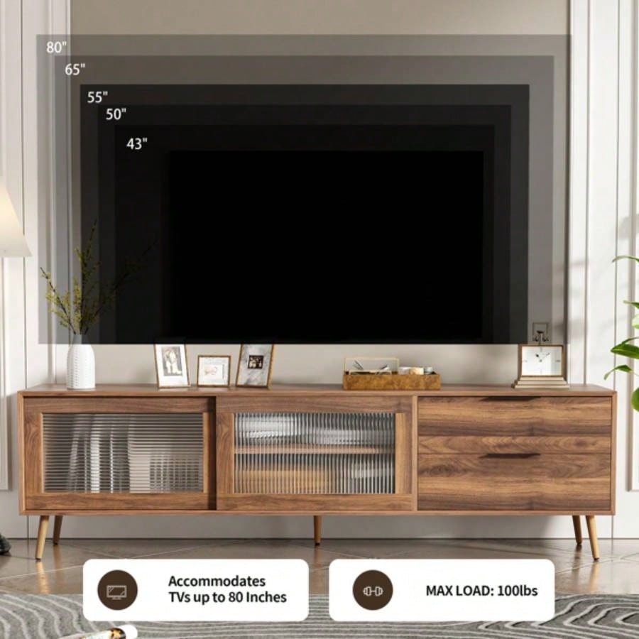 Modern TV Stand 75 TV, TV Console with 2 Glass Doors, Entertainment Center with 2 Drawers Storage Cabinet, 70 Media Console Table Living Room, Bedroom