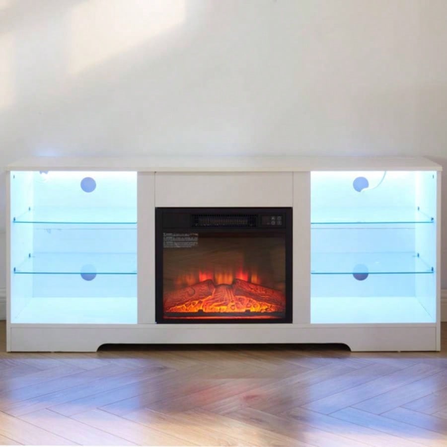 TV Stand Fireplace Glass Shelves, 3D Fireplace TV Stand with LED Lights Wood with USB Charging Outlet Modern Television Table Center TV up to 62 White, 5839; 39; 15.539; 39; D*24.4