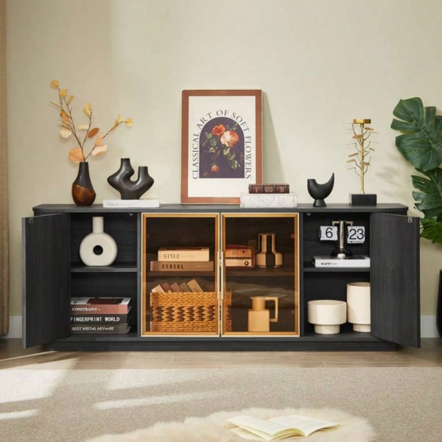 64 - Inch Wavy TV Cabinet, Round Sideboard, Wooden Vertical Stripe Storage Cabinet, Aluminum Door Framed Tempered Glass Cabinet Living Room/Bedroom/Entryway. Black, 6439; 39; 1539; 39; Dx 2439; 39; H.