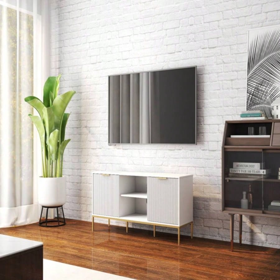 Modern TV Stand with Wave - Design Doors, Open Shelf Adjustable Shelf - Stylish and Functional Your Living Room