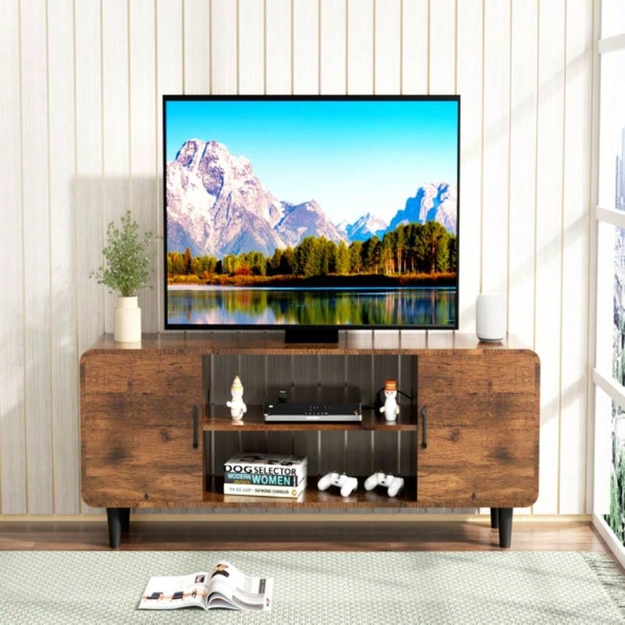 TV Stand 55 Inch TV, Entertainment Center with Storage Cabinets, Soft Hinge Door with Handle, Media Console Table Living Room Bedroom, Rustic BrownUnable to ship on weekends, please note that