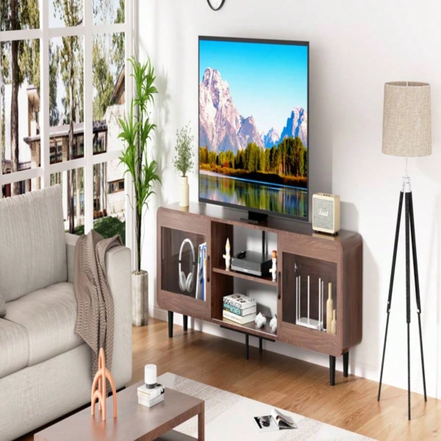 TV Stand 55/60/65/70 Wood Entertainment Center with Power Outlets, Media Console with Sliding Doors and Open Shelf Living Room, WalnutUnable to ship on weekends, please note that