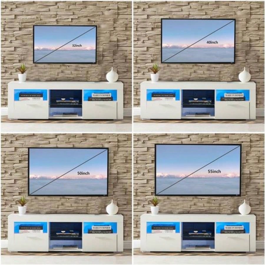 White morden TV Stand with LED Lights, high glossy front TV Cabinet, can be assembled in Lounge Room, Living Room or Bedroom, color: WHITE