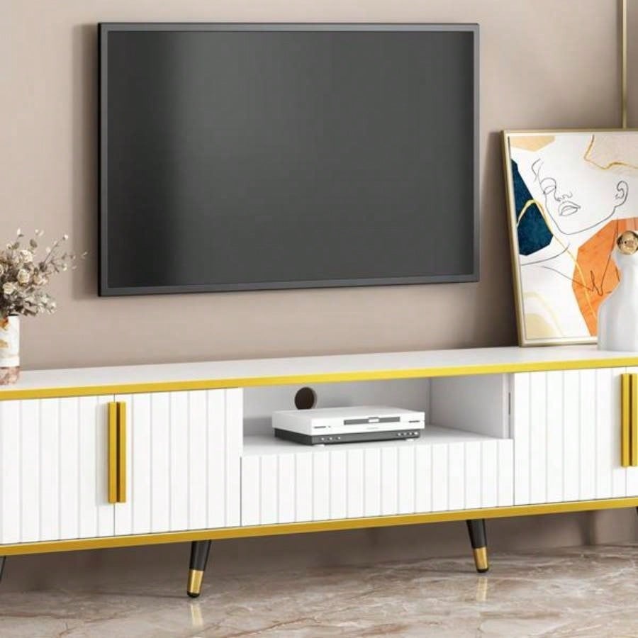 Luxury Minimalism TV Stand with Open Storage Shelf TVs Up to 85 Entertainment Center with Cabinets and Drawers, Practical Media Console with Unique Living Room, White