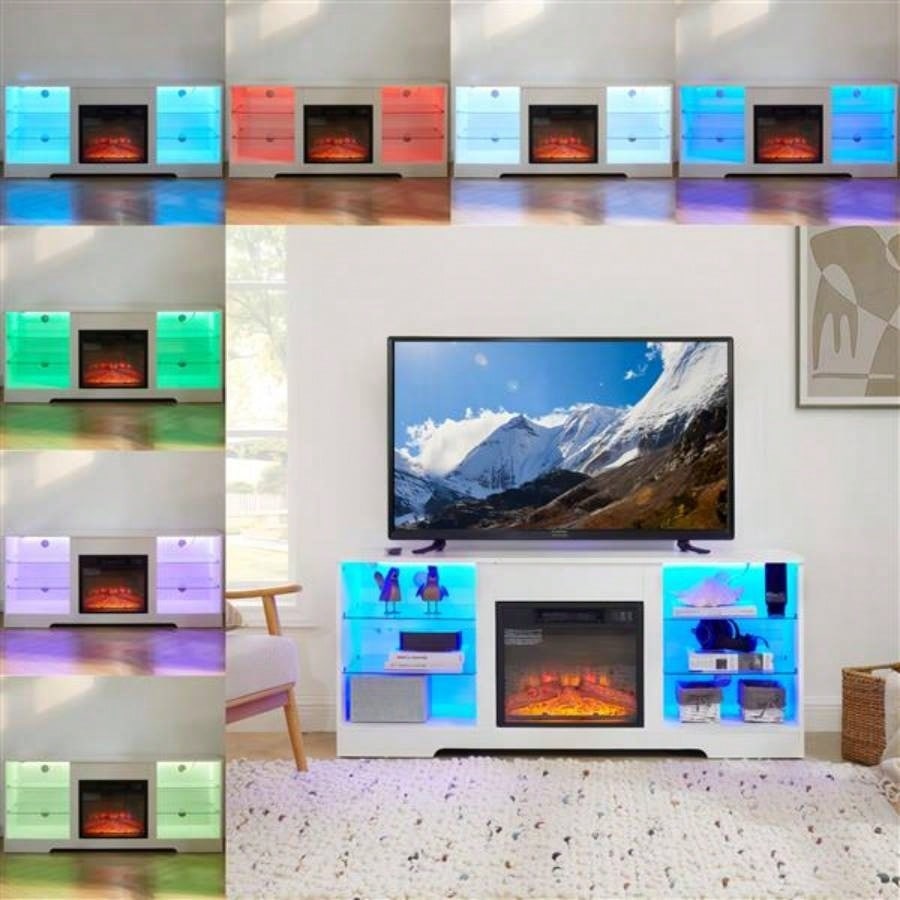 TV Stand Fireplace TV Stand with Glass Shelves, 3D Fireplace TV Stand with LED Lights Wood with USB Charging Outlet Modern Television Table Center TV up to 32 - 62 White 5839; 39; 15.539; 39; D*24.4