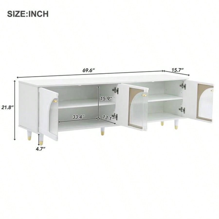 Contemporary TV Stand with Adjustable Shelves TVs Up to 7839; 39; Stylish Media Console with Gold Handles and Arch Fluted Glass Doors, Delicate Entertainment Center Living Room, White