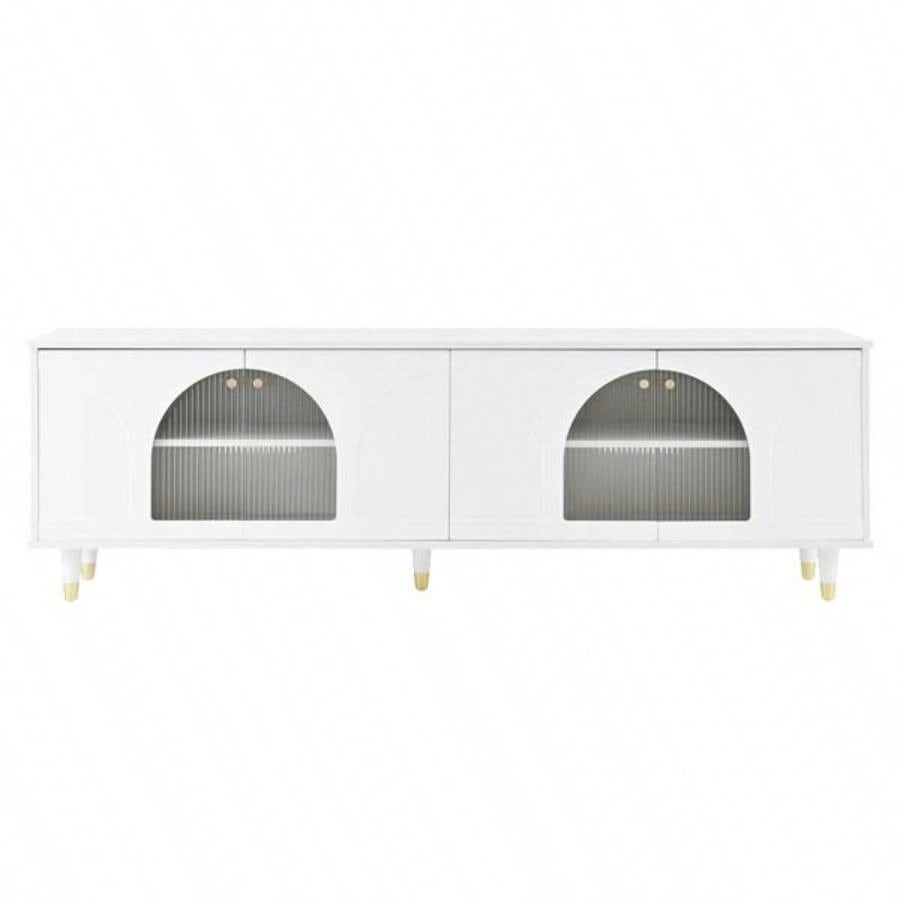 Contemporary TV Stand with Adjustable Shelves TVs Up to 7839; 39; Stylish Media Console with Gold Handles and Arch Fluted Glass Doors, Delicate Entertainment Center Living Room, White