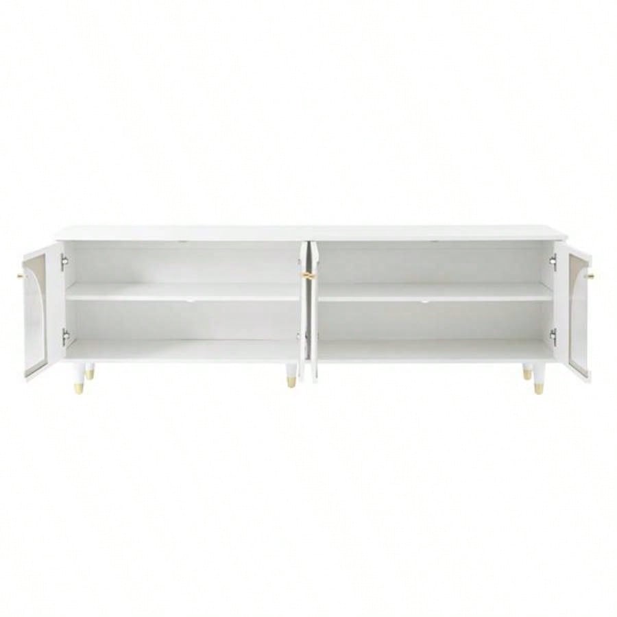 Contemporary TV Stand with Adjustable Shelves TVs Up to 7839; 39; Stylish Media Console with Gold Handles and Arch Fluted Glass Doors, Delicate Entertainment Center Living Room, White