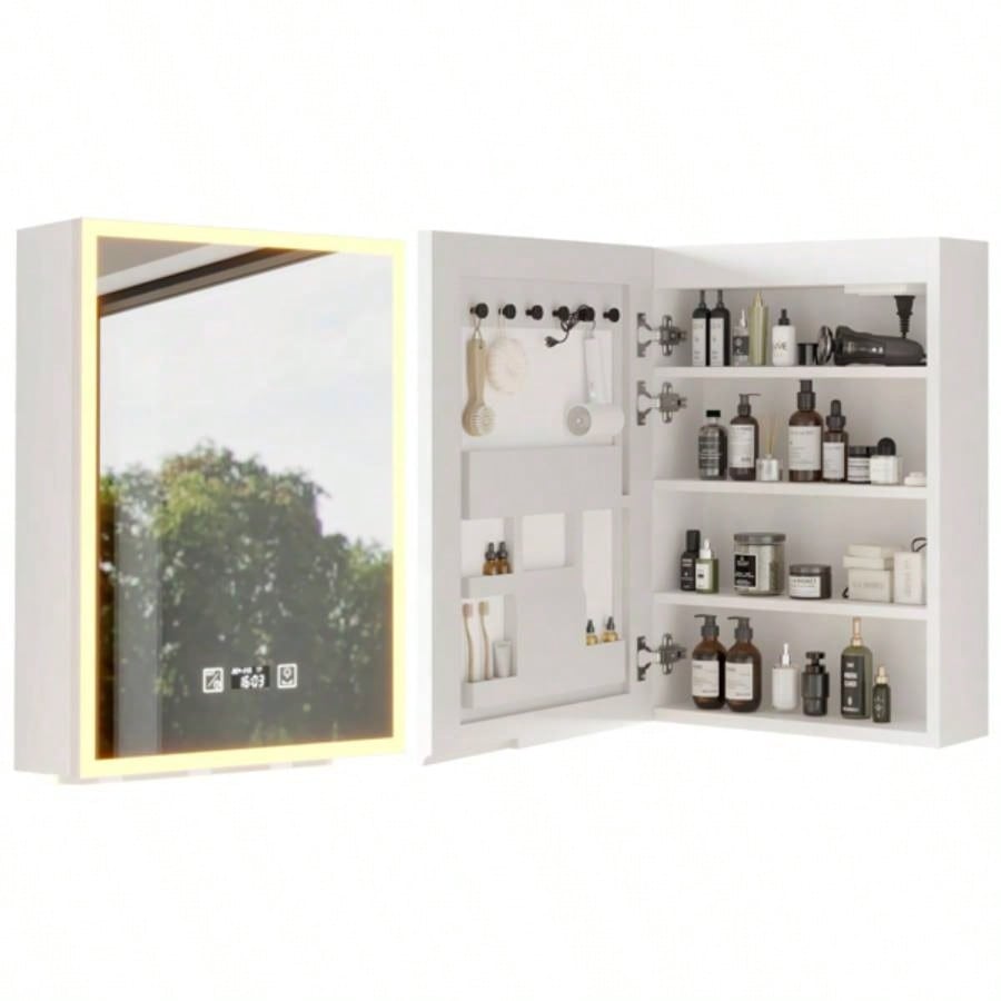 White Particleboard LED Mirror Cabinet 20*28 inches Acrylic Frame, 1 Door, 4 Shelves, with Time Temperature Display, Three - color Lighting, Adjustable Brightness, Power - off, 2 Plugs 2
