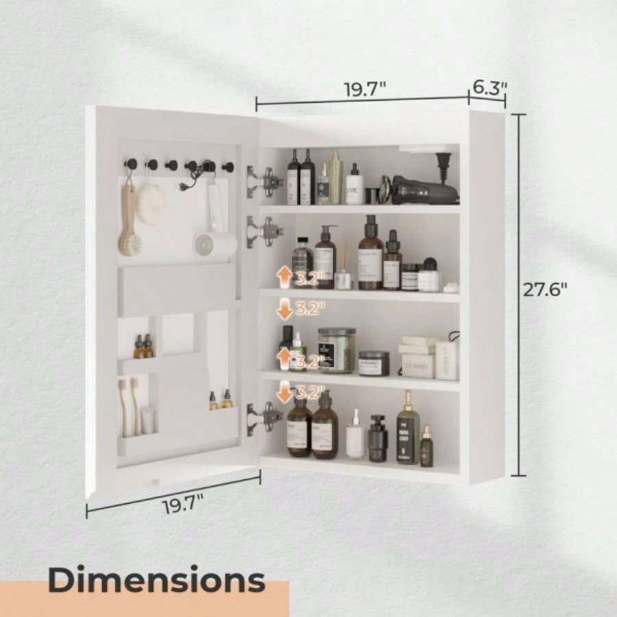 White Particleboard LED Mirror Cabinet 20*28 inches Acrylic Frame, 1 Door, 4 Shelves, with Time Temperature Display, Three - color Lighting, Adjustable Brightness, Power - off, 2 Plugs 2