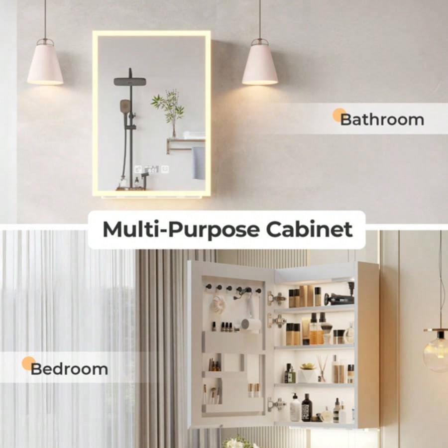 White Particleboard LED Mirror Cabinet 20*28 inches Acrylic Frame, 1 Door, 4 Shelves, with Time Temperature Display, Three - color Lighting, Adjustable Brightness, Power - off, 2 Plugs 2