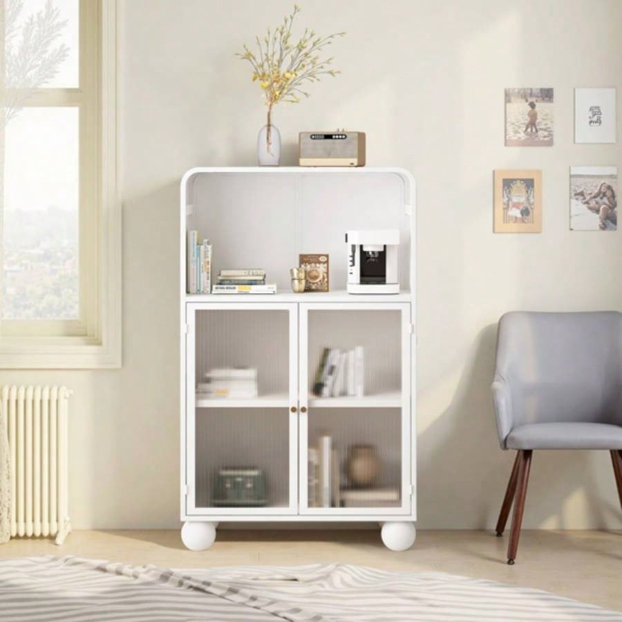 45.28 H Storage Cabinet, Bathroom Floor Cabinet with Glass Door and Shelves, Freestanding Display Storage Cabinet Bathroom, Living Room, Kitchen, Home Office, White