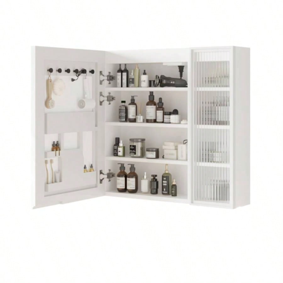 White Particleboard LED Mirror Cabinet 20+8.5*28 inches, LED Mirror Cabinet with 1 Glass Mirror Door, 1 Changhong Glass Door, 8 - Layer Shelves, Time Temperature Display, Three - Tone Lighting, Ad