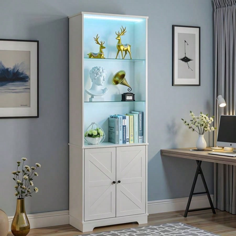 3 - layer glass shelf with 2 doors double Z shape LED light strip front curved base feet triammine board 60*23.5*180cm display cabinet white