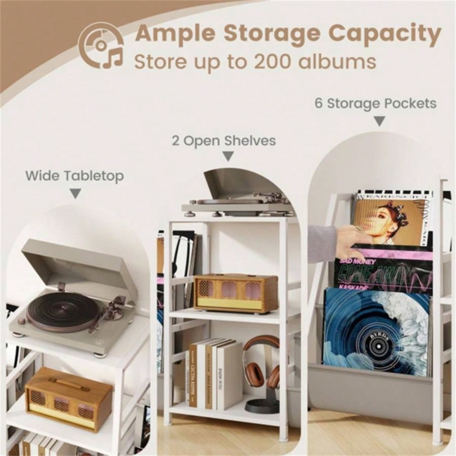 White Record Player Stand with 3 Shelves