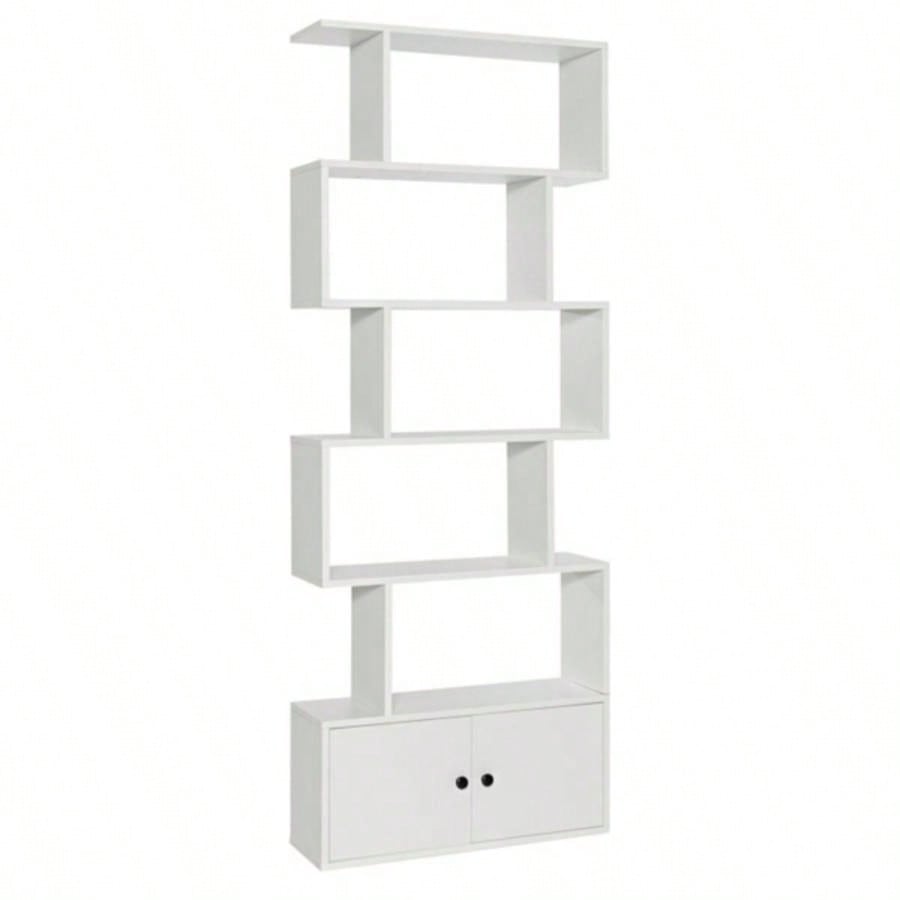 6 - Tier Geometric Bookcase with Cabinet and Door - White