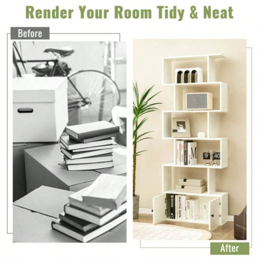 6 - Tier Geometric Bookcase with Cabinet and Door - White