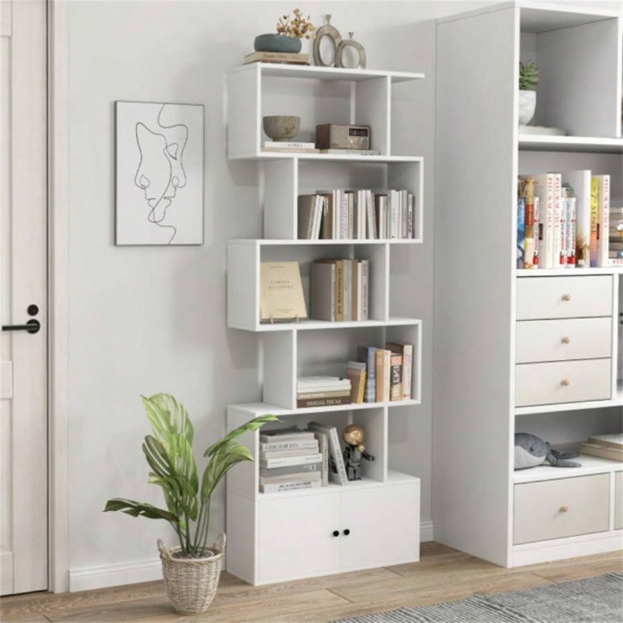6 - Tier Geometric Bookcase with Cabinet and Door - White